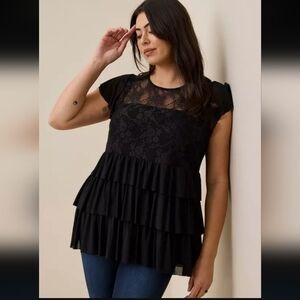 TORRID Stretch Mesh Lace Tiered Babydoll Top Romantic Peplum